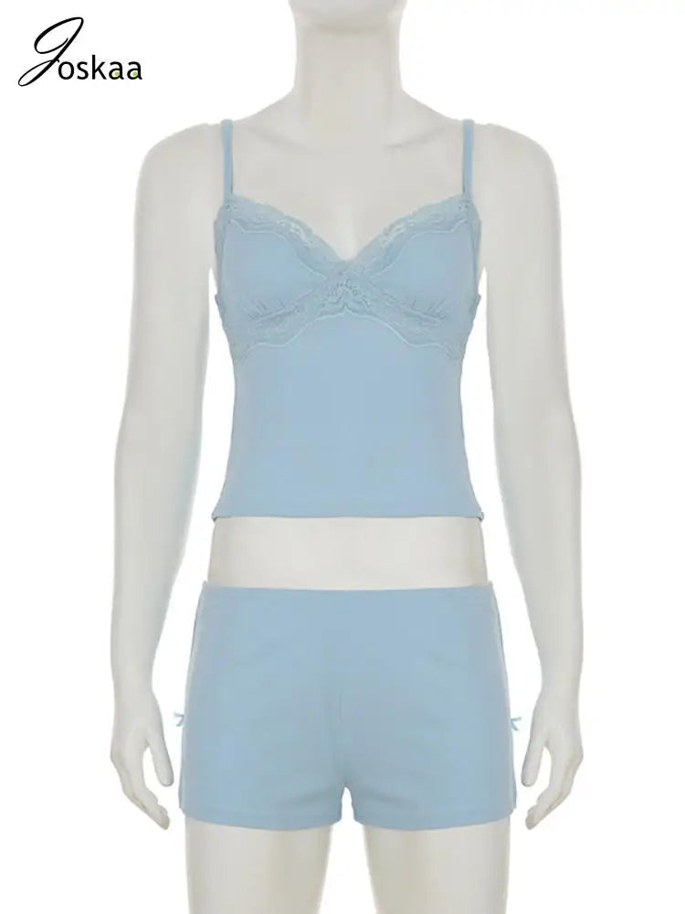 Women's Lace Crop Comfortable Patchwork Camisole Two Piece Set Blue – Back View