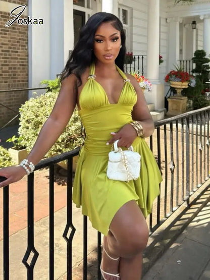 Women's Lace Ruched Backless Halter Mini Dress Green – Front View