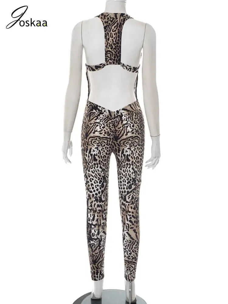 Women's Leopard Print Backless Sleeveless Romper Leopard Print – Detail View