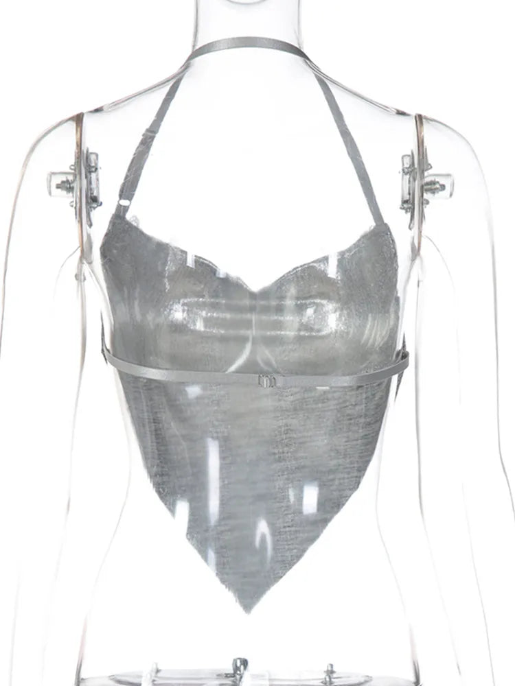 Joskaa Backless Halter Crop Top Camisole Shinny Silver - top image 5