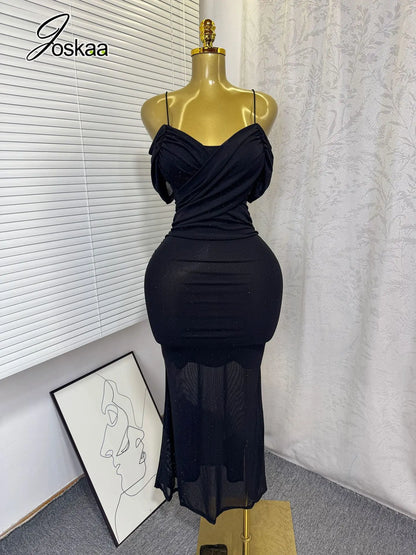 Women's Mesh Sequin Ruched Sleeveless Maxi Dress - Back View