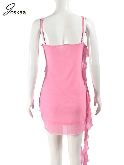 Women's Mesh Backless Ruffles Ribbon Vacation Dress Pink – Detail View