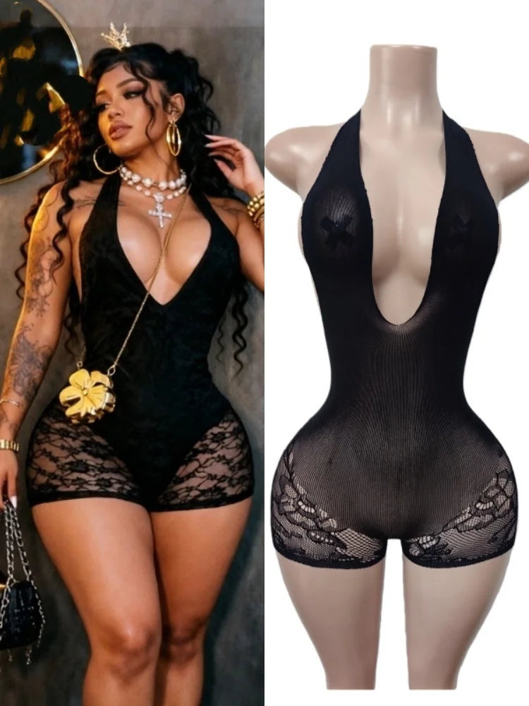 Women's Lace Backless V-neck Halter Romper - Additional View 8