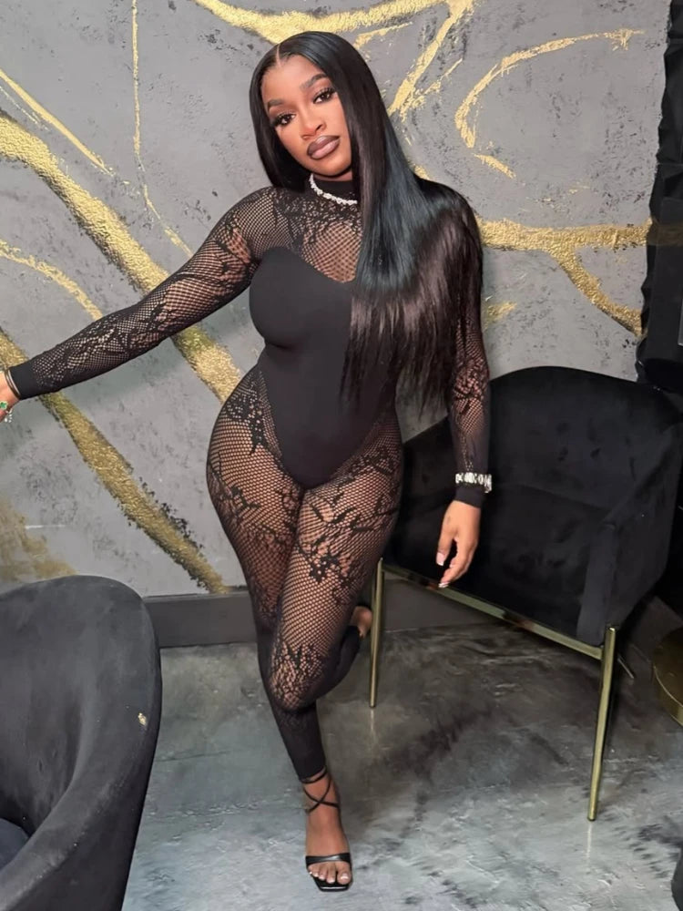 Wholesale Women's Lace Long Sleeve Bodycon Romper Black – Back View