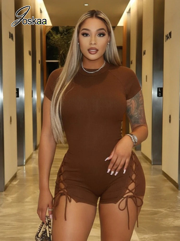 Women's Knit Short Sleeve Bodycon Romper Brown – Front View