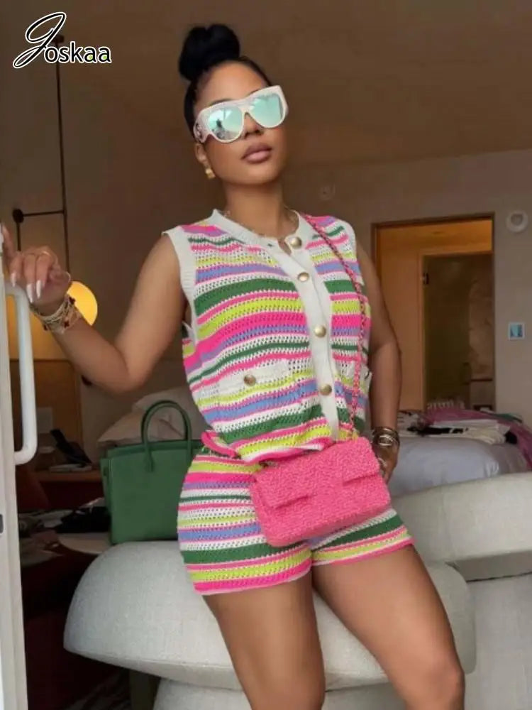 Women's Stripe Knit Sleeveless Two Piece Set Colorful – Side View