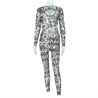Women's Leopard Print Mesh Backless Romper