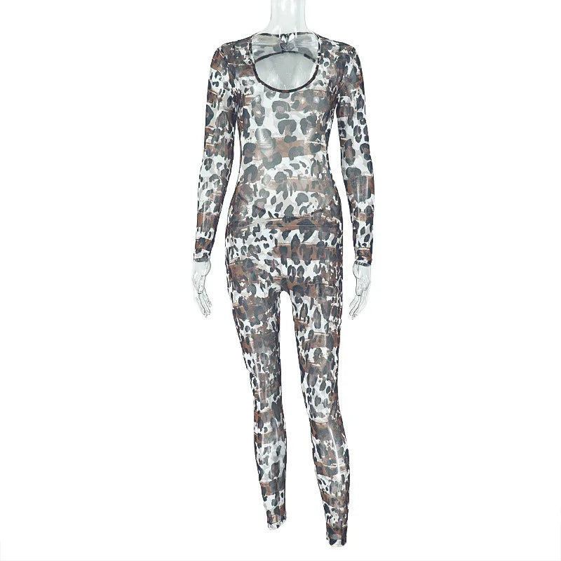 Women's Leopard Print Mesh Backless Romper