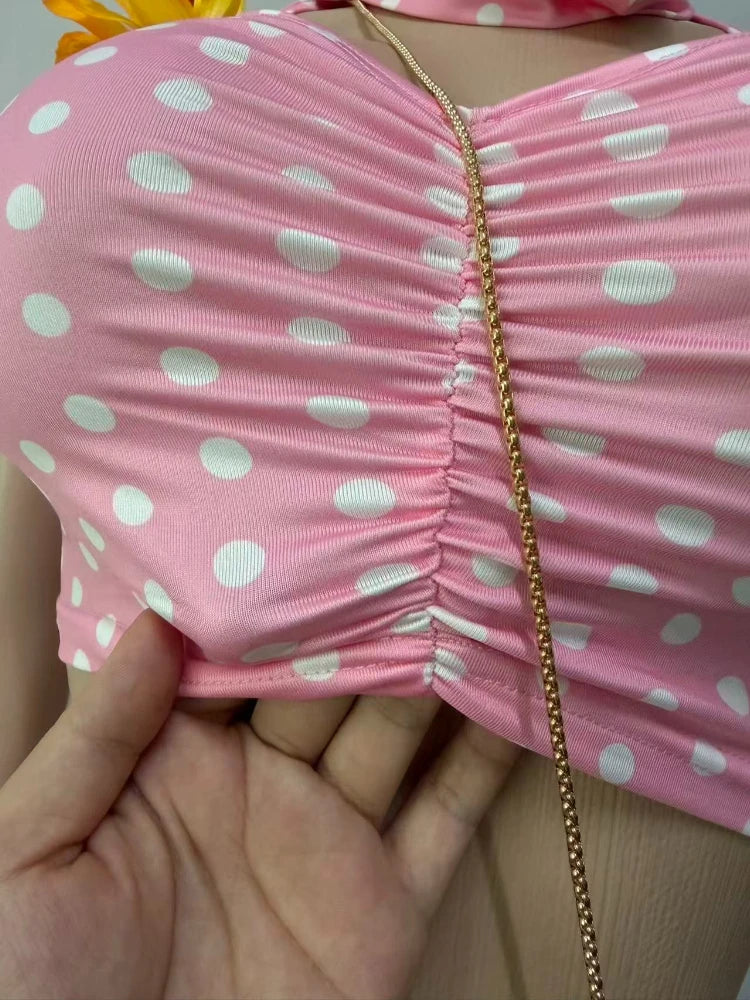 Women's Polka Dot Ruched Halter High Waist Two Piece Set - Detail View 5