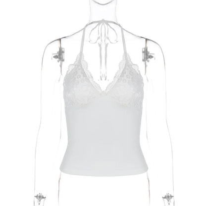 Women's Lace Backless Halter Patchwork Camisole V-neck Top