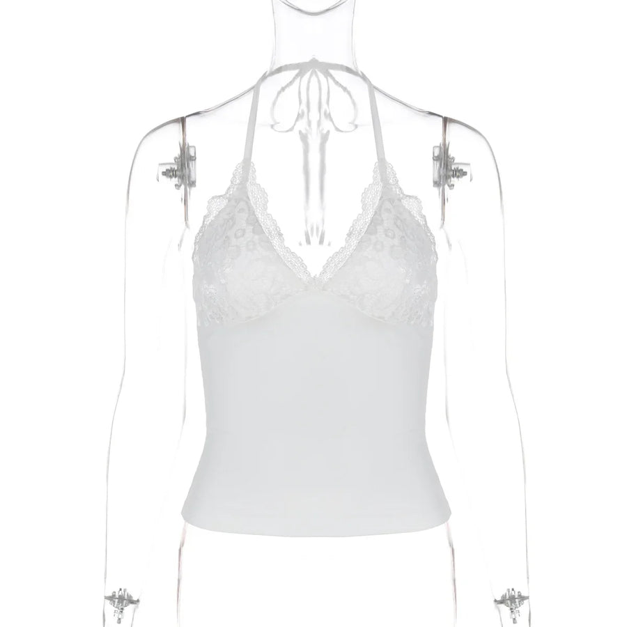 Women's Lace Backless Halter Patchwork Camisole V-neck Top
