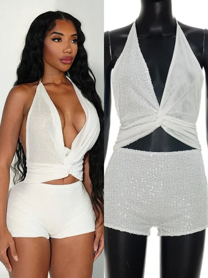 Women's Sequin Backless V-neck Halter Two Piece Set - Additional View 8