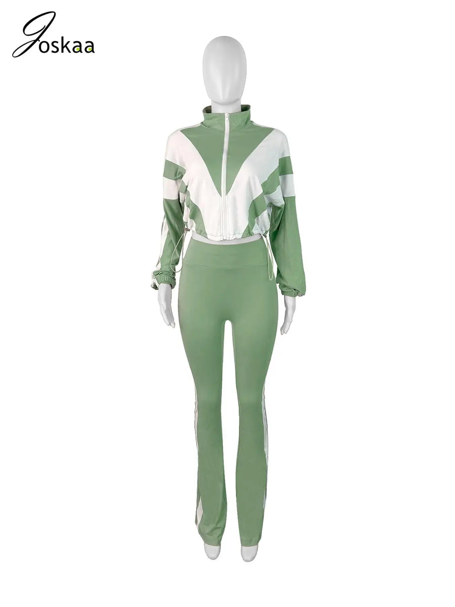 Wholesale Women's Long Sleeve Zip Two Piece Set Green – Back View