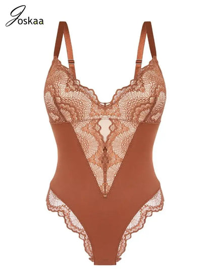 Women's Lace Patchwork Bodysuits V-neck Bodysuit White – Front View