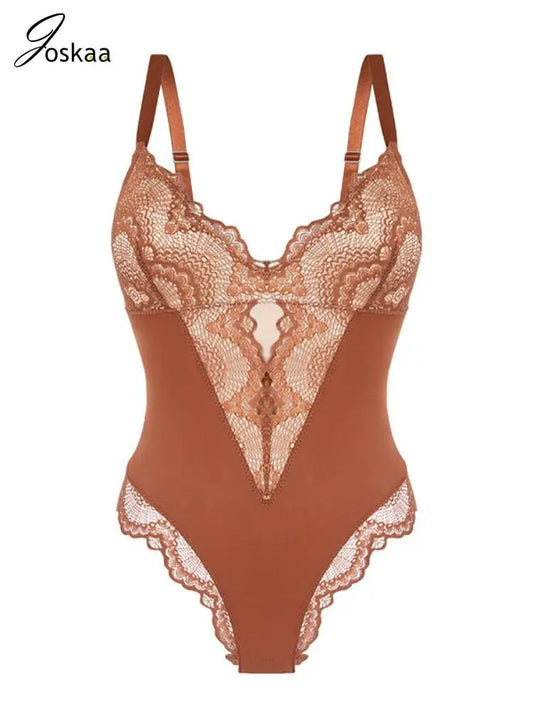 Women's Lace Patchwork Bodysuits V-neck Bodysuit White – Front View