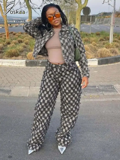 Women's Denim Long Sleeve Flare Two Piece Set Gray – Front View