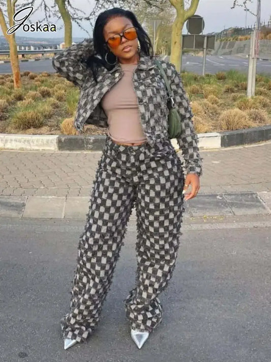 Women's Denim Long Sleeve Flare Two Piece Set Gray – Front View