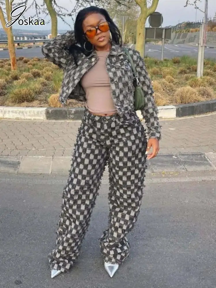Women's Denim Long Sleeve Flare Two Piece Set Gray – Front View