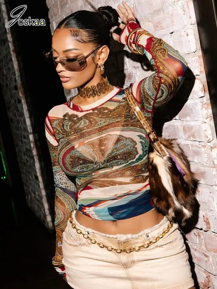 Women's Mesh Long Sleeve Abstract T-shirts Top – Women's Fashion Wholesale – Front View
