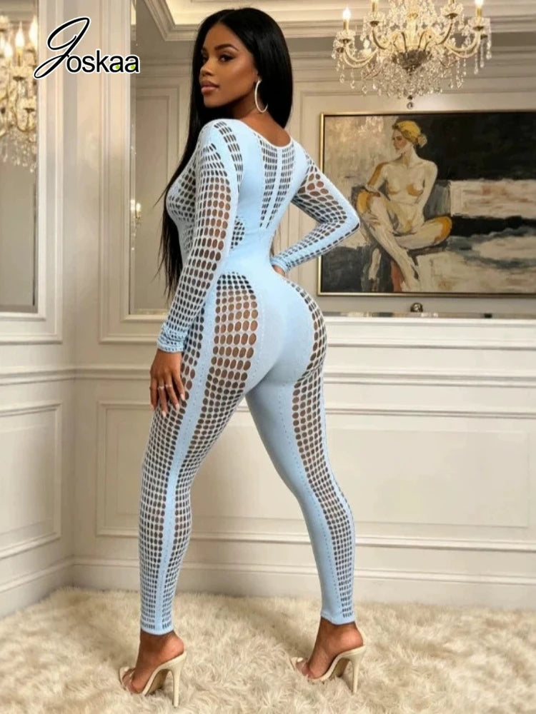 Women's Cutout Long Sleeve Bodycon Romper Sky Blue – Side View