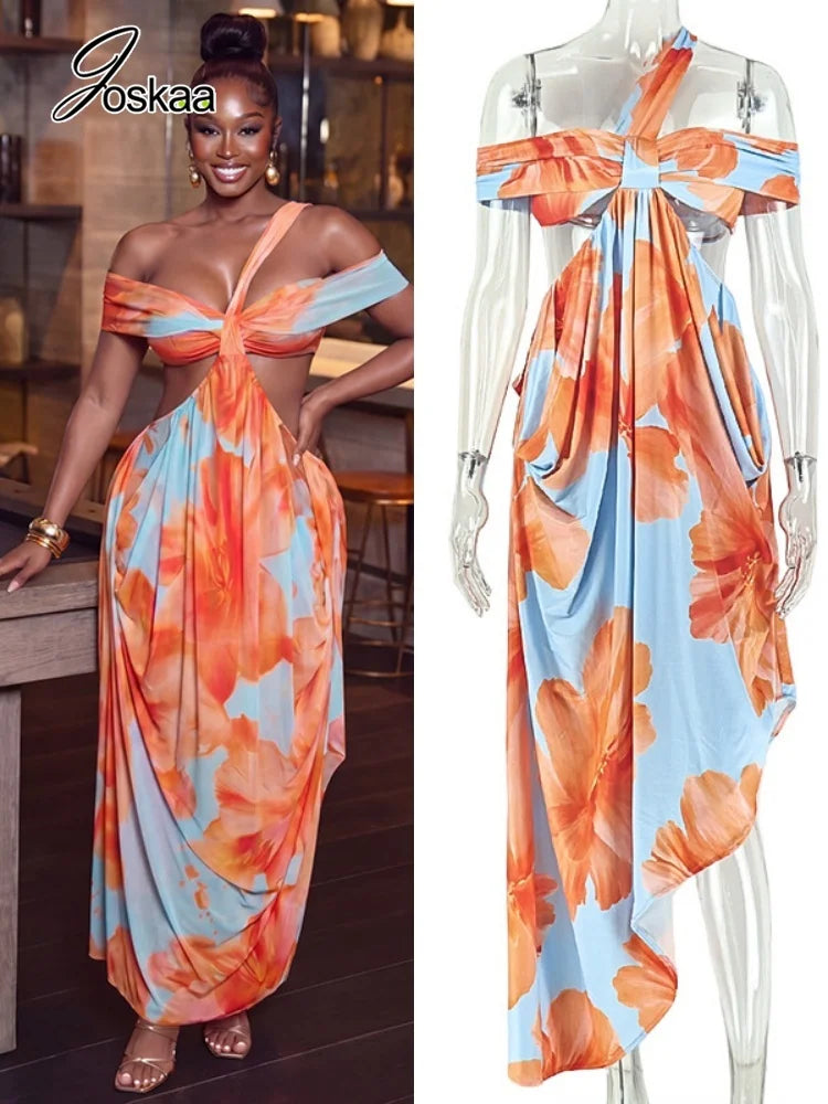 Women's Floral Print Backless Cutout One Shoulder Bodycon Dress - Front View
