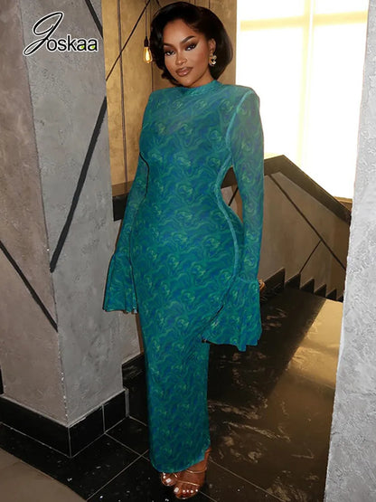 Women's Mesh Long Sleeve Bodycon Maxi Dress Peacock Green – Side View