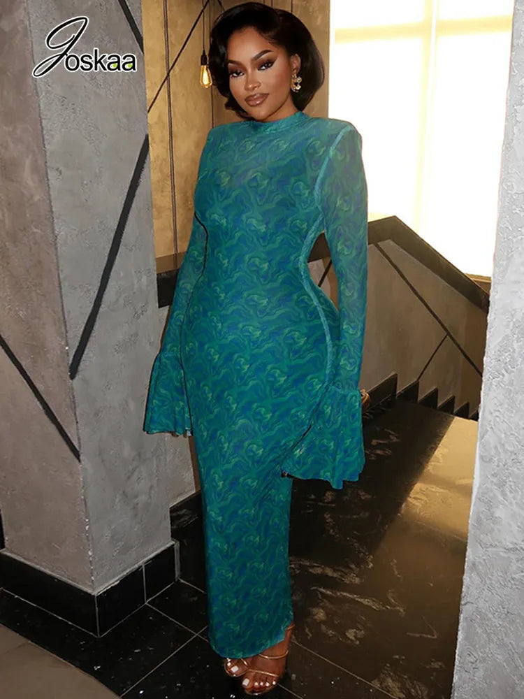 Women's Mesh Long Sleeve Bodycon Maxi Dress Peacock Green – Side View