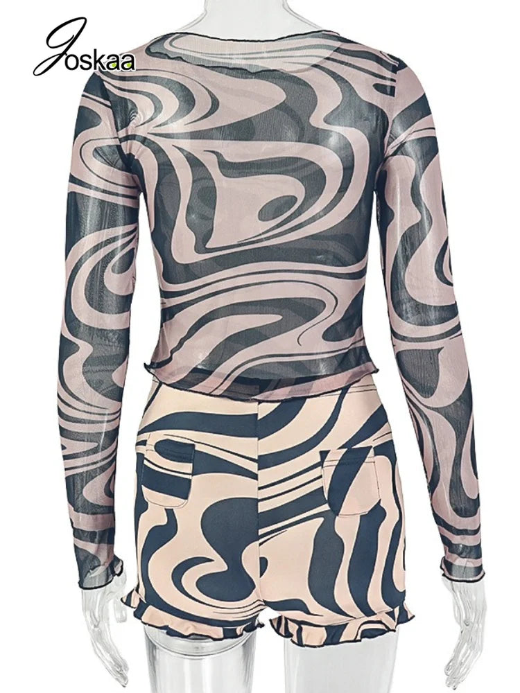 Women's Swirl Print Mesh Long Sleeve High Waist Two Piece Set - Detail View