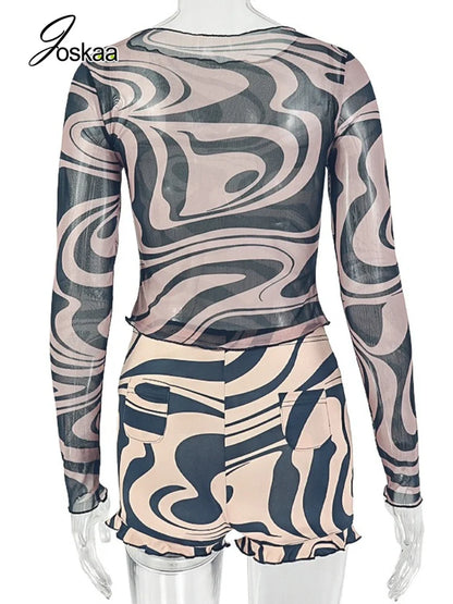 Women's Swirl Print Mesh Long Sleeve High Waist Two Piece Set - Detail View