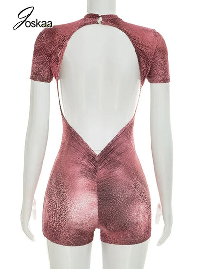 Women's Leopard Print Ruched Backless Romper Brown – Detail View