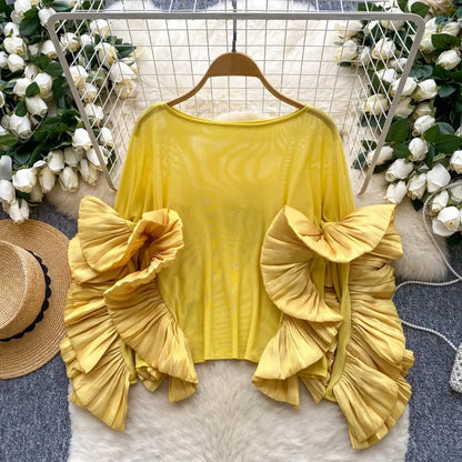 Women's Mesh Long Sleeve Luxury Blouse Ruffles Top