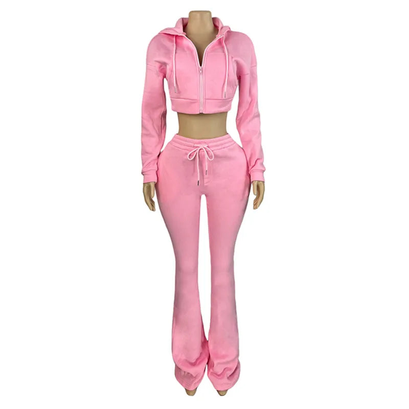 Wholesale Women's Crop Zip Hooded Two Piece Set