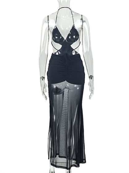 Joskaa Mesh Ruched Backless Halter Dress - dress image 4