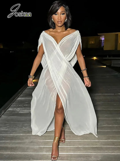 Women's Mesh Sheer Deep V-neck Maxi Dress Orange – Front View