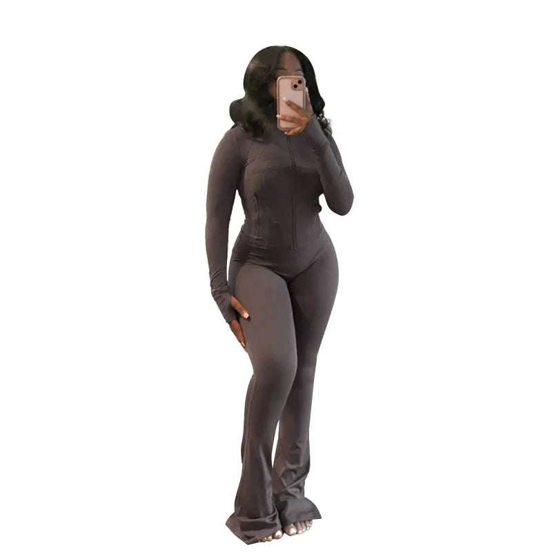 Women's Long Sleeve Flare Zip Two Piece Set