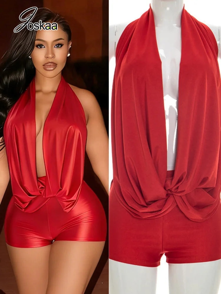 Women's Ruched Backless Halter Sleeveless Romper – Women's Fashion Wholesale – Front View