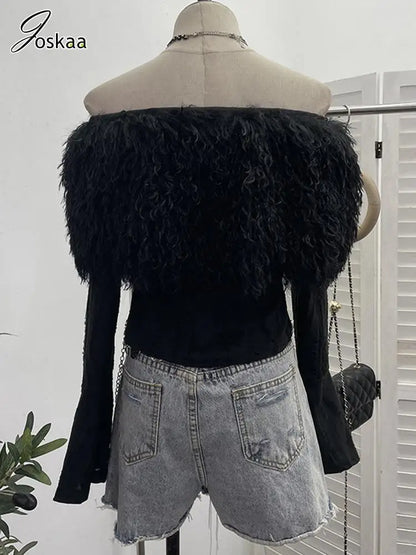 Wholesale Women's Long Sleeve Fall Faux Fur Top Black – Back View