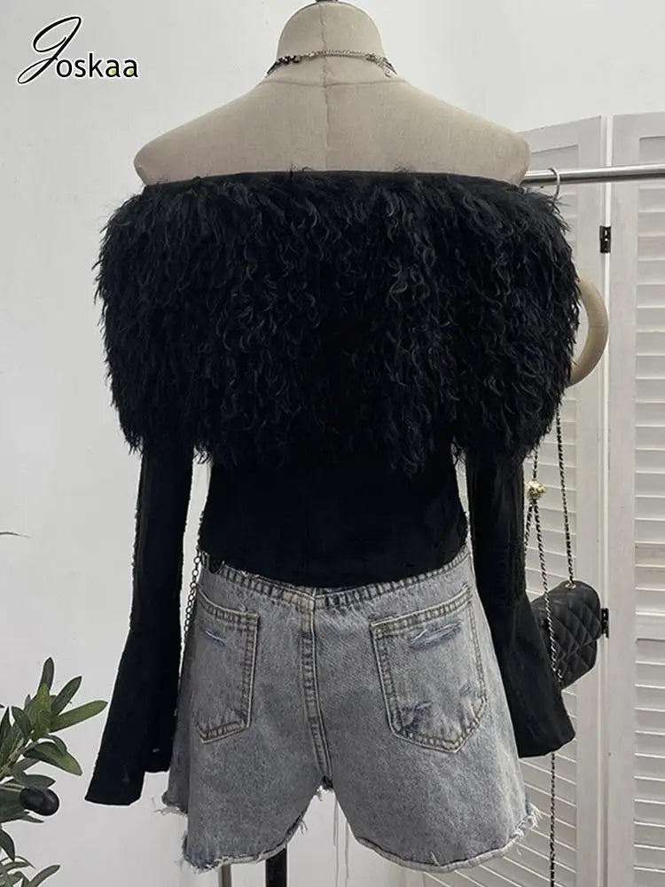 Wholesale Women's Long Sleeve Fall Faux Fur Top Black – Back View