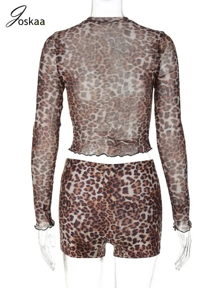Women's Leopard Print Mesh Long Sleeve Two Piece Set Leopard Print – Detail View