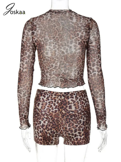 Women's Leopard Print Mesh Long Sleeve Two Piece Set Leopard Print – Detail View