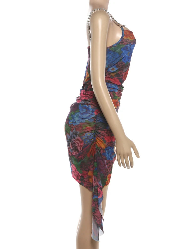 Joskaa Floral Print Rhinestone Sleeveless Bodycon Mini Dress - mini dress image 3