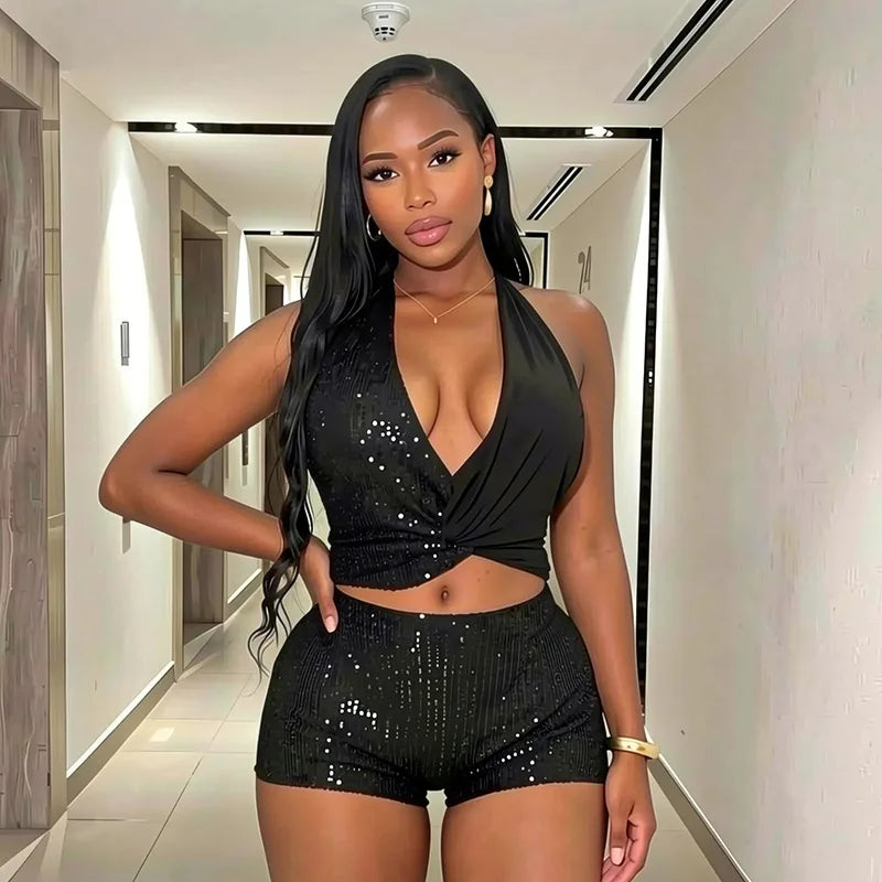 Women's Sequin Backless V-neck Halter Two Piece Set