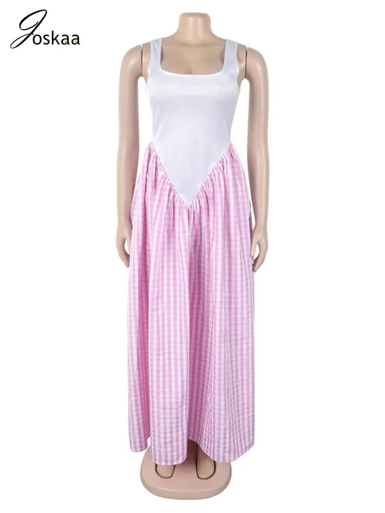 Women's Sleeveless Bodycon Plaid Maxi Dress Pink – Back View