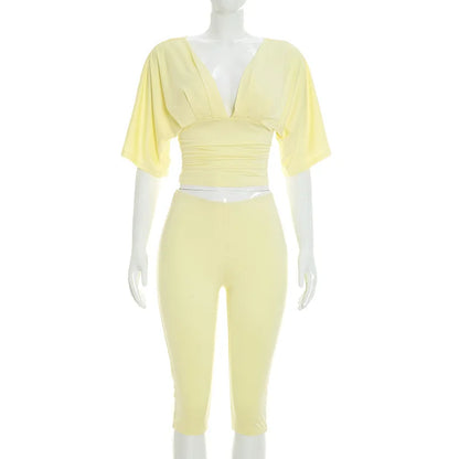Women's Ruched V-neck Two Piece Set Casual - Detail View 8
