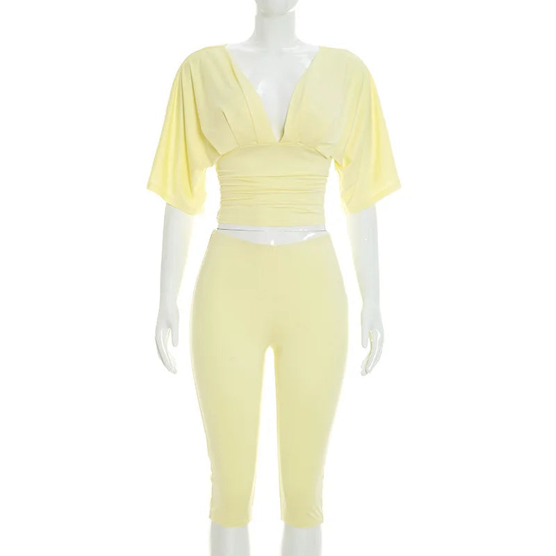 Women's Ruched V-neck Two Piece Set Casual - Detail View 8
