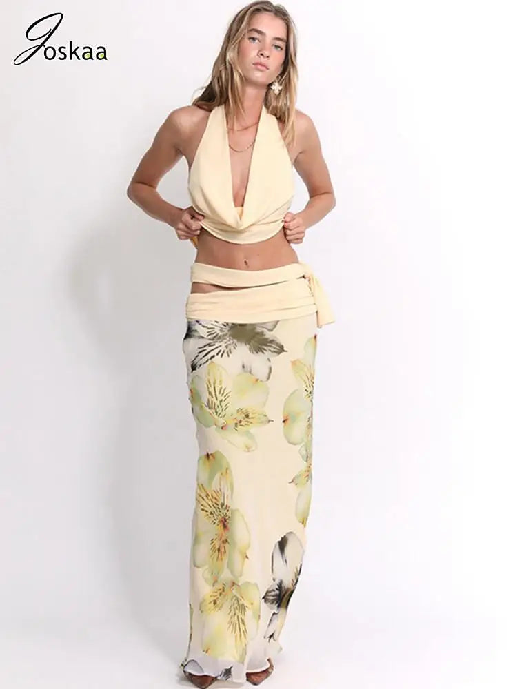 Women's Backless Halter Maxi Two Piece Set Apricot – Front View