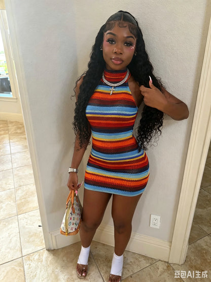 Women's Striped Ribbed Knit Halter Sleeveless Mini Dress - Front View