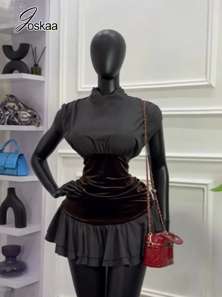 Wholesale Women's Velvet Sleeveless Zip Dress Brown – Front View