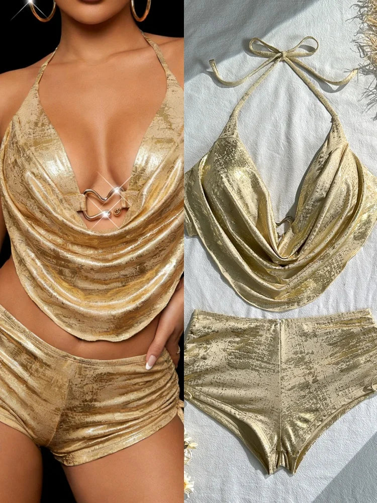 Women's Halter Swimwear Shiny Gold Swimsuit - Additional View 8