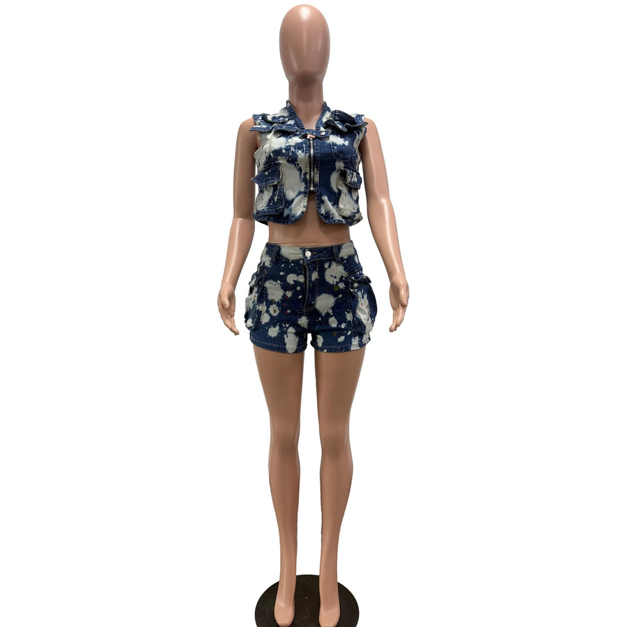 Women's Denim Sleeveless Crop Two Piece Set
